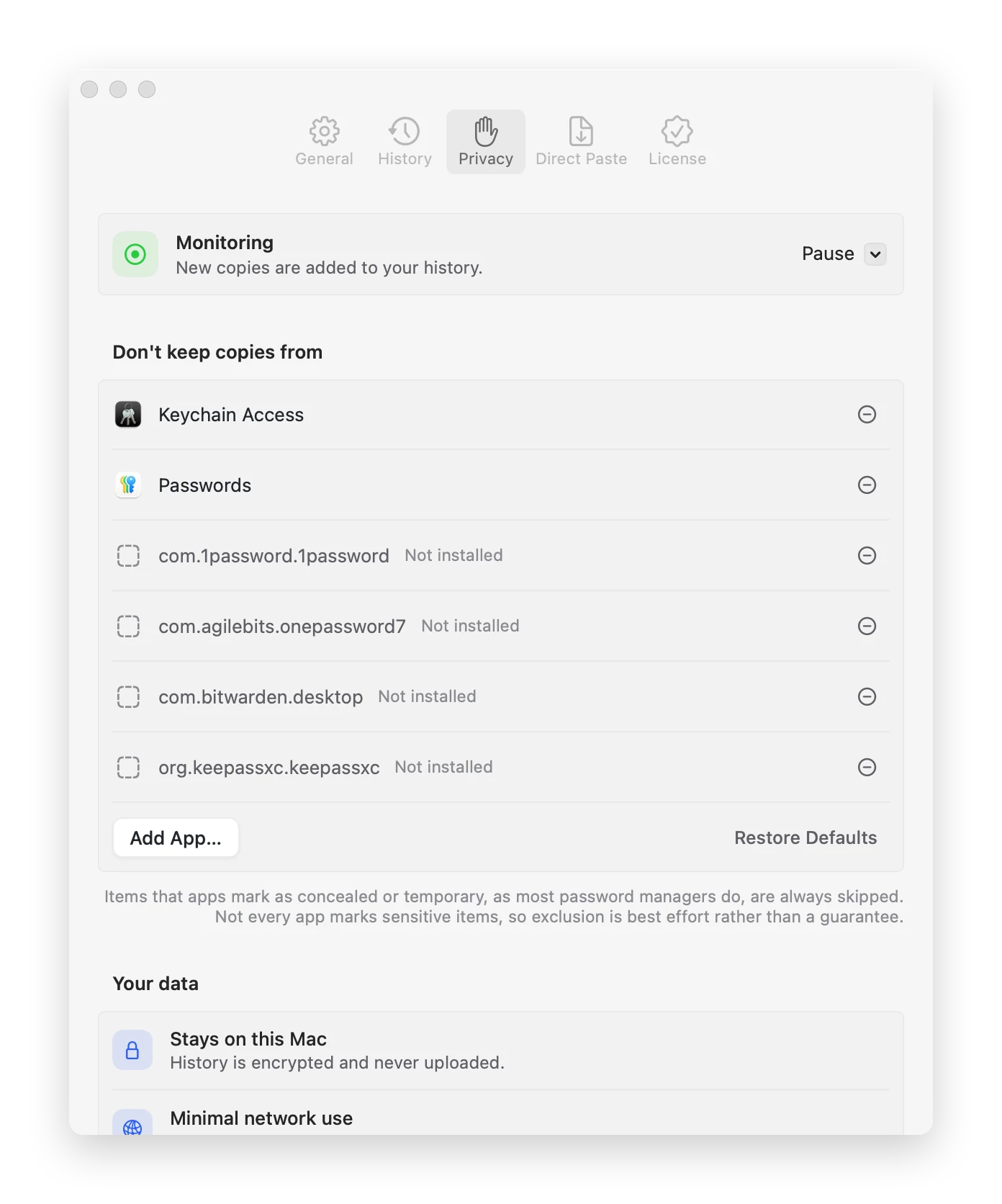 Datenschutzeinstellungen mit Status der Überwachung und der Liste ausgeschlossener Apps